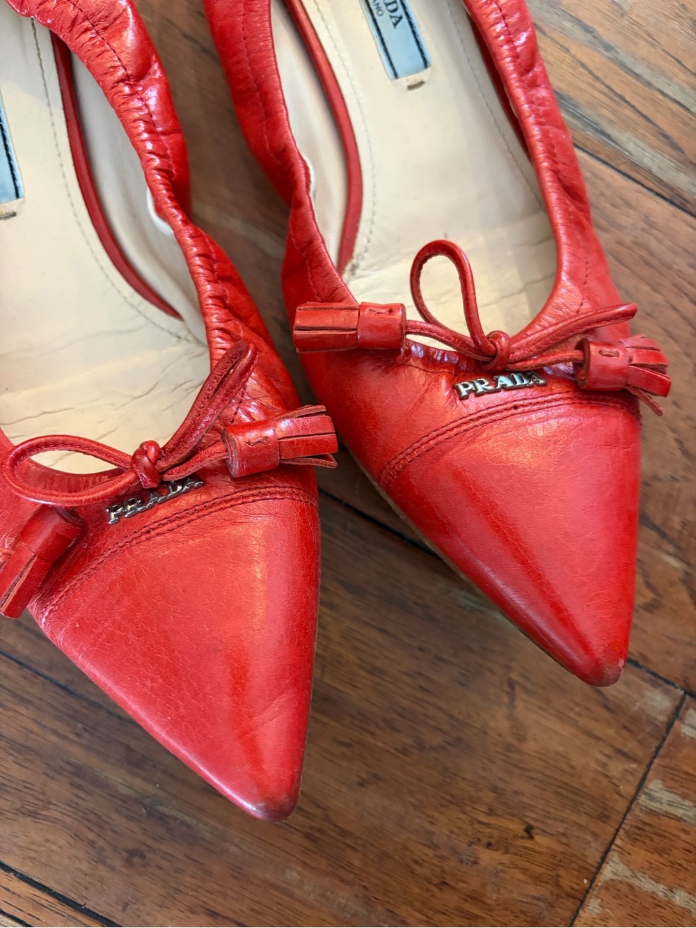 Prada Red Leather Pointed-Toe Ballerina Flats